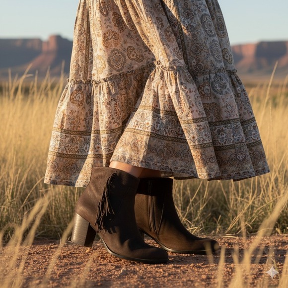 Ecco Shoes - Ecco Boots 40 US 9/9.5 Brown Leather Fringe Ankle Zip Heel Western Boho Prairie